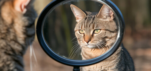 cat gazes thoughtfully into mirror, reflecting its curious expression and striking features. scene captures moment of introspection, showcasing beauty of feline grace and charm