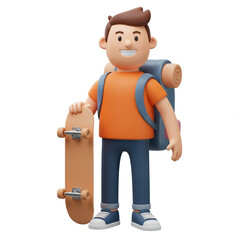 Cheerful boy holding a skateboard with a backpack  