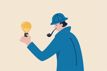 Finding idea, solution or search for new opportunity, discover new invention idea, creativity, innovation or curiosity concept, detective man hold bright lightbulb idea think to solve problem.