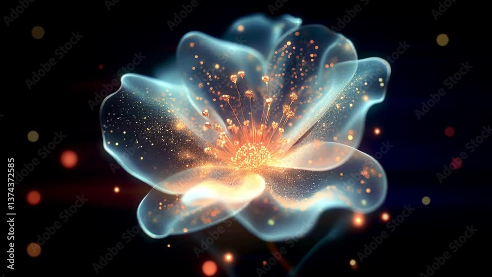 Poster animation of a glowing transparent flower with golden pollen and veins. the petals sway slowly, show