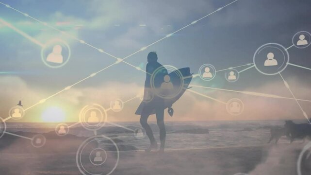 Surfer on beach at sunset with social network icons overlay animation