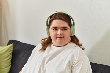 Joyful moments at home with a young woman embracing comfort and confidence in cozy attire