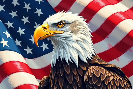 Majestic Bald Eagle Portrait with American Flag - Patriotic Symbol of Freedom and Independence