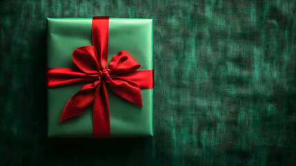Fototapeta premium A Christmas gift wrapped in green paper with a bright red bow, evoking the cheerful colors of the festive season.