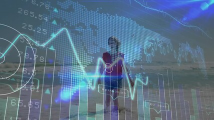 Child walking on beach with financial data and world map animation overlay - Powered by Adobe