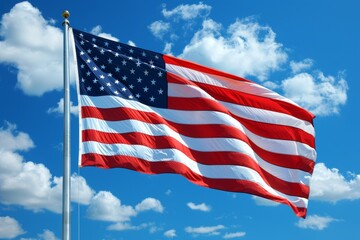 Obraz premium American Flag Majestically Waving in the Wind Against a Bright Blue Sky with Fluffy White Clouds