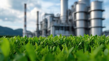 Fototapeta premium Methane plant with surrounding greenbelt and eco signage, methane production, sustainable industrial practices