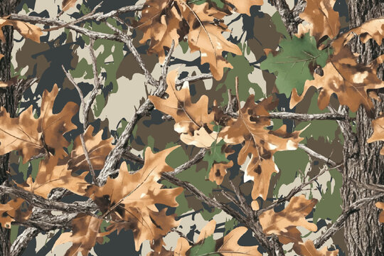 Vector hunting camouflage seamless pattern design. Camouflage background. Digital camouflage. Deer hunting, forest, jungle texture. Realistic tree seamless pattern. 