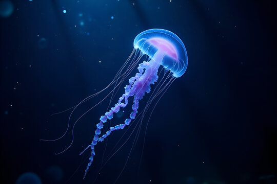 A mesmerizing bioluminescent jellyfish drifting gracefully in the deep ocean. Its translucent body glows with shades of blue and purple, with long, flowing tentacles trailing behind. The water is dark