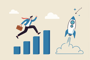 Boost rocket to business growing fast, investment growth, start or launch new business, innovation to boost success, rising up and improvement concept, businessman on growth chart launching rocket.