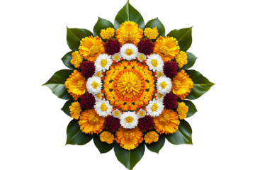 The Indian festival of Onam features a mandala made of flowers and leaves, with a transparent background