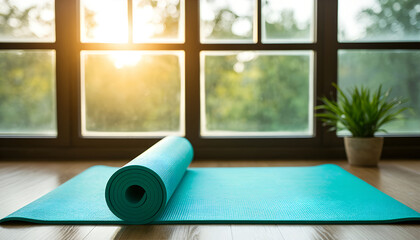 Yoga Mat on Floor in Bright Room for Healthy Lifestyle