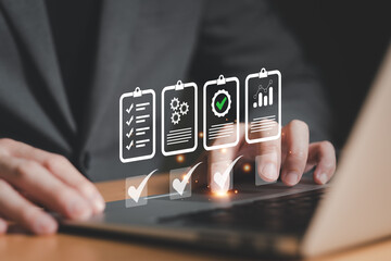 hand of business person mitigate danger risk with checklist compliance improvement. Risk management concept for business and personal planning for risk mitigation with information and decision