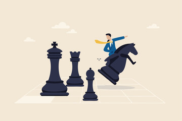 Strategic move, leadership to lead team with strategy, challenge to success, courage and confidence to win business competition concept, businessman riding chess knight lead team to win chess victory.