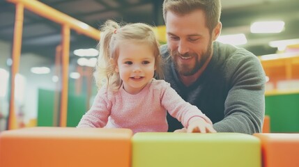 A white father helping his young daughter navigate a small obstacle course in a brightly lit indoor play center, warm and supportive, indoor bonding,