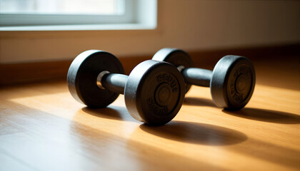 Dumbbells on Wooden Floor for Fitness at Home