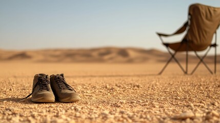 Obraz premium Tranquil desert escape with empty chair and sneakers in the sand