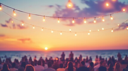 Crowd watching the sunset on the beach, illuminated by string lights and accompanied by music, festive atmosphere,