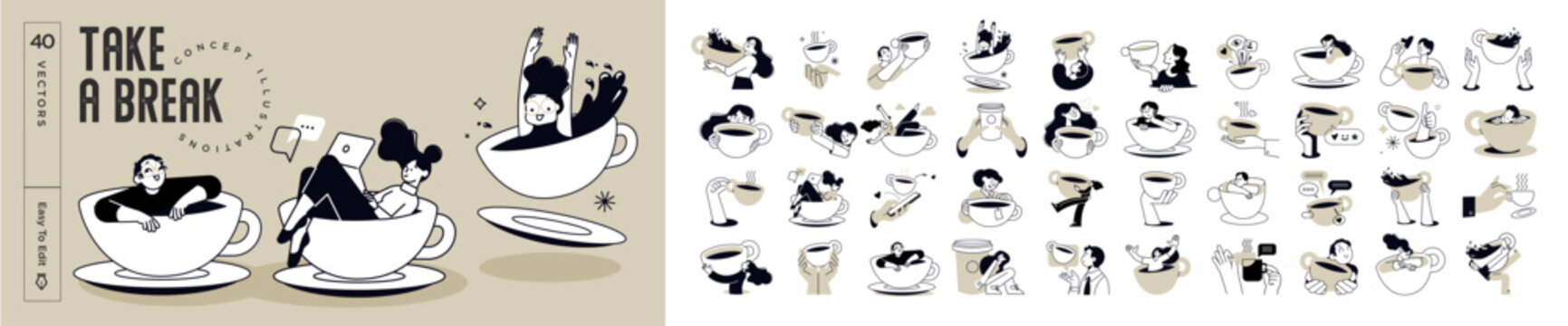 Take a break. Vector illustrations of people enjoying free time, drinking coffee, daily routine, invitation to hang out, for social media stickers and posts, marketing, restaurants and coffee bars.