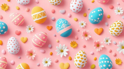 Colorful Easter Eggs and Spring Elements on Pink Background