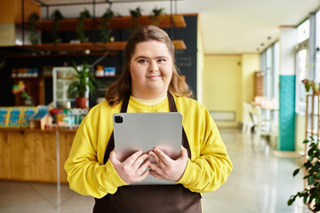 Confident young woman with Down syndrome enjoying her time at a vibrant cafe space