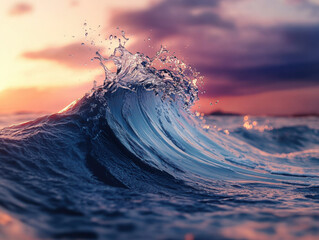 Beautiful waves in the ocean at sunset. Dark blue and purple colors, with a detailed close-up of water splashes on top. 