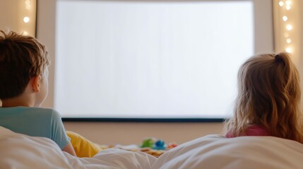 Obraz premium Kids having a sleepover in the living room, watching a movie on a large screen while sitting in sleeping bags, snacks scattered around