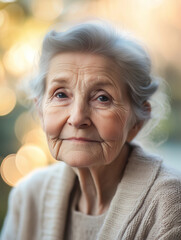 Close-up of an elderly woman with a kind expression in a soft, serene outdoor setting during golden hour