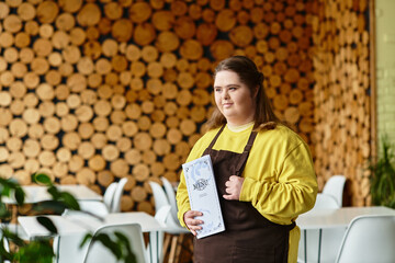 Confident young woman with Down syndrome joyfully welcomes customers in a cozy cafe setting