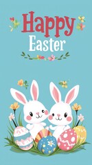 Fototapeta premium Cute Bunnies with Colorful Eggs for Easter Celebration