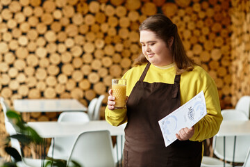 Confident young woman enjoying a casual moment in a cozy cafe with a refreshing drink