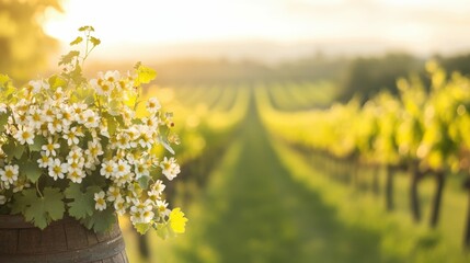 Fototapeta premium Peaceful vineyard landscape at sunset with blossoming flowers