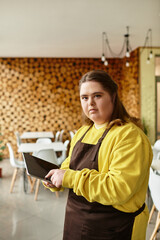 Confident young woman with Down syndrome engages with customers in a vibrant cafe atmosphere