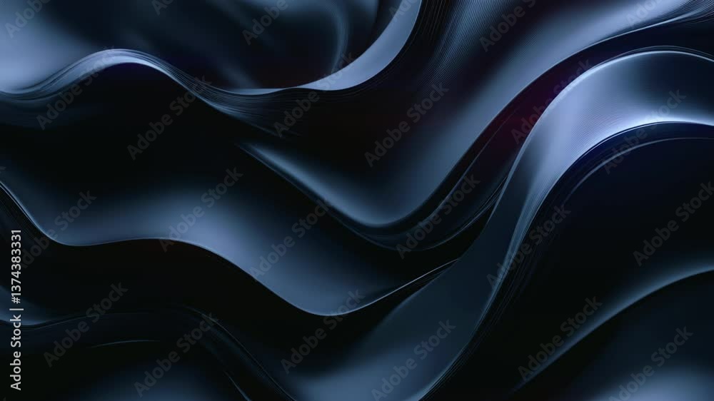 Poster An animation of dark, undulating shapes that flow into each other, smoothly changing and shimmering in gradients of deep blue and black. Their surfaces gently reflect light, creating a sense of depth
