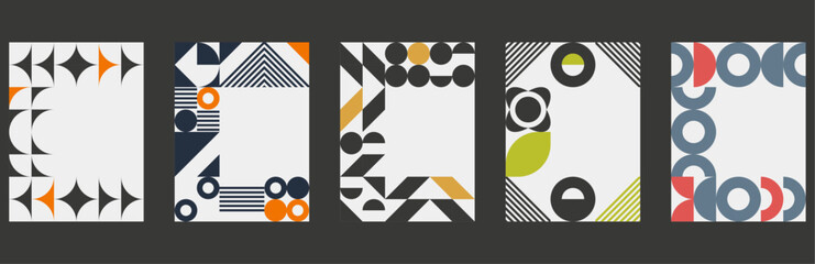 Cards, Covers Design. Minimal geometric shapes compositions. Applicable for brochures, posters, covers and banners. Bauhaus Minimalist Graphic Design. Brutalist abstract geometric shapes. 