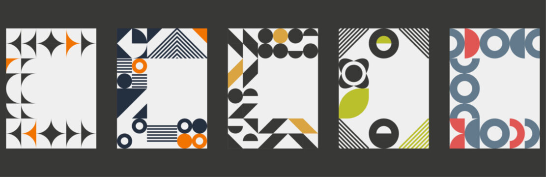 Cards, Covers Design. Minimal geometric shapes compositions. Applicable for brochures, posters, covers and banners. Bauhaus Minimalist Graphic Design. Brutalist abstract geometric shapes. 