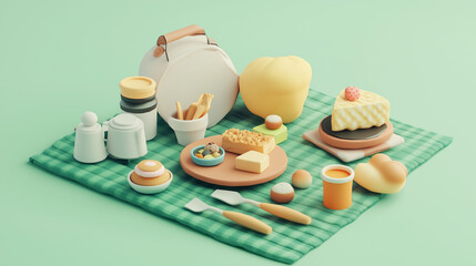 3D picnic setup with basket, pastries, fruits, and drinks on a green checkered mat.
A cheerful outdoor diorama symbolizing leisure, snacks, and summertime gatherings.
