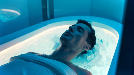 This person is suspended in a cryogenic chamber, symbolizing future biotechnology and exploration.