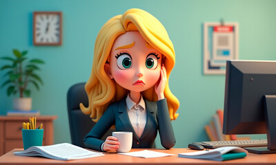 3d cute cartoonish blonde business woman stressed and tired, sits at her desk in front of a monitor