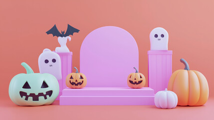 Obraz premium 3D Halloween pumpkin house entrance with jack-o'-lanterns, bats, and candy decorations. A playful spooky diorama blending festive charm with fantasy trick-or-treat atmosphere. 