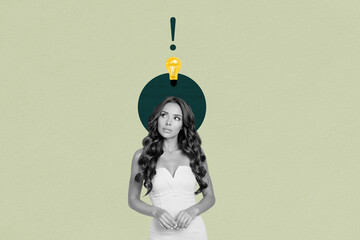 Creative sketch image art collage of happy glamour businesswoman light bulb idea finding concept...