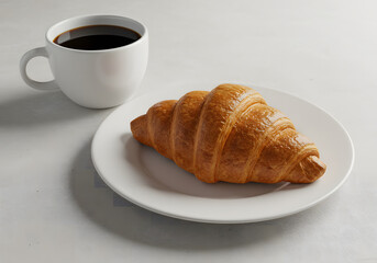 A croissant and coffee on a white surface plate cup