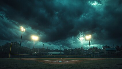 Moody night scene at a baseball field under a dramatic, dark sky. The bright stadium lights illuminate the empty field.