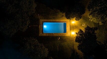 Illuminated pool glows amidst dark yard and trees. Home amenity for leisure, relaxation, and luxury