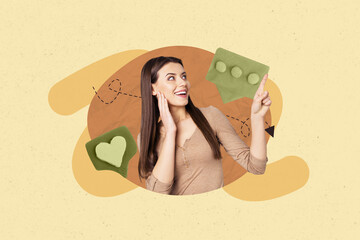 Composite art 3d creative image collage of excited girl receive like notification blogging feedback icon sms bubble correspondence