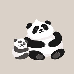 Adorable illustration of a panda hugging a baby panda, both with sweet expressions on a white background. A heartwarming and gentle design perfect for children’s decor, family-themed art, and nature