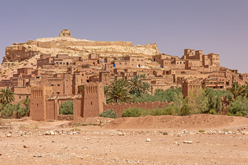Famous clay city Ait Benhaddou in suuny day., Morocco. Horizontally. 