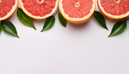 Gapefruit season mockup, summer theme border, with free space for text. White plane background, fruit and leaves on the upper side the frame.