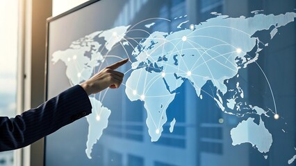 Global Network Presentation: Connecting Points on the World Map for Business Expansion and International Communication Displayed Digitally.