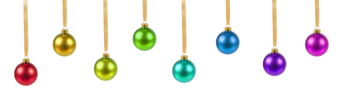 different colored christmas ball bubbles in row isolated on white or transparent png - Powered by Adobe
